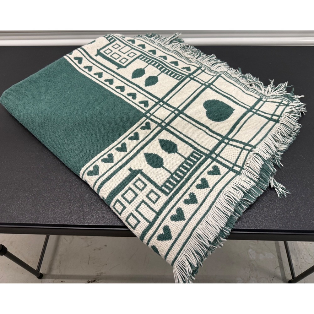 Vintage 1989 MWW Cottagecore Green Heart House Woven Throw Blanket 46x70
